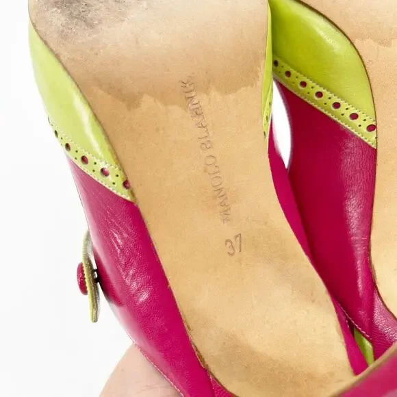 Manolo Blahnik Vintage Lime Pink Wingtip Mary Jane Pointed Toe Mule Heel IT 37 - Picture 11 of 11